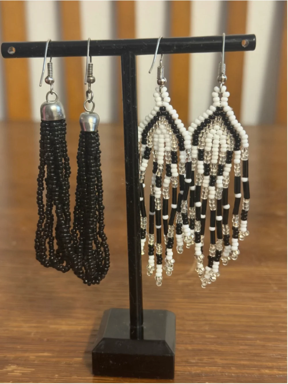 2 Pair Seed Bead Fringe Tassel Earrings Black White Clear Long Dangle Boho